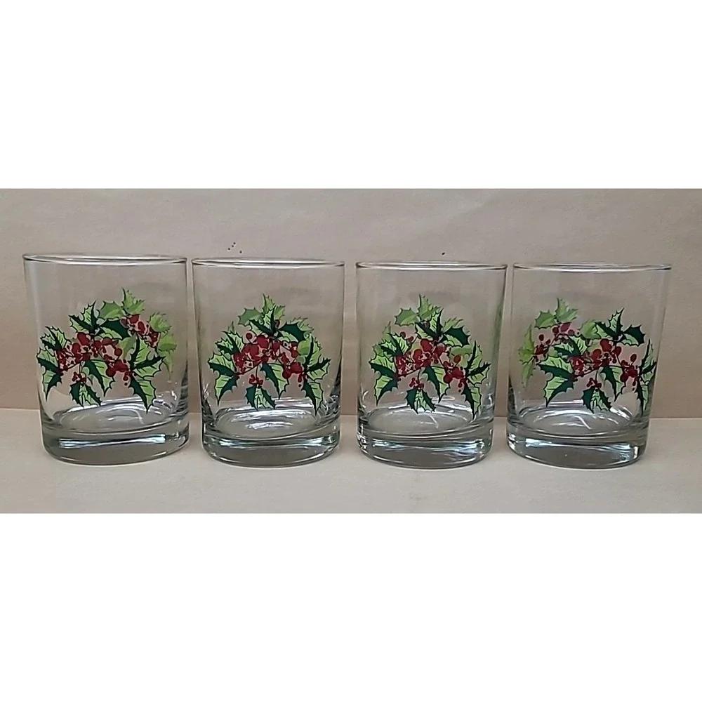 Set of 4 Christmas Green/Red Holly & Berries Lowball/Rocks/Whiskey Glasses